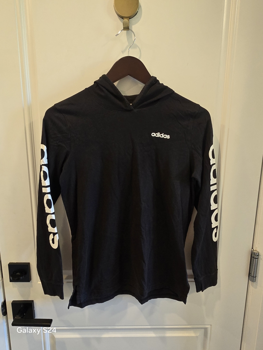adidas Black Hooded Long Sleeve Top with White Sleeve Text